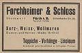 Werbung im Fürther Adressbuch von 1931 der ehem. Firma <a class="mw-selflink selflink">Forchheimer & Schloss</a> am <!--LINK'" 0:0-->, in dessen Gebäude jetzt das <!--LINK'" 0:1--> etabliert ist.