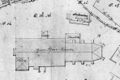 Lageplan der <!--LINK'" 0:148--> und der ehem. <!--LINK'" 0:149--> rechts oberhalb der Kirche, Plan von 1812 d.h. kurz vor dem Abriss (Ausschnitt, N bei Gradmaß 330°)