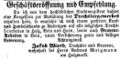 Geschäftseröffnung von Jakob Wirth, Drechsler und Graveur, Dezember 1860