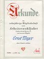 Urkunde zur zehnjährigen Mitgliedschaft der <a class="mw-selflink selflink">Arbeiterwohlfahrt</a> Ortsverein <!--LINK'" 0:4--> 1966