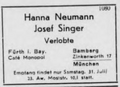 Verlobungsanzeige von Hanna Neumann, Café Monopol, August 1937