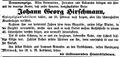 Traueranzeige für den Spiegelglasfabrikanten Johann Georg Hirschmann, Februar 1855