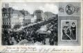 Gruß von der <!--LINK'" 0:97-->, historische Ansichtskarte mit Ansicht der Königstraße und Hafenspielerinnen und dem Volkssänger Hans Bayer, um 1920