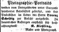 Zeitungsanzeige des Porzellanmalers und Photographen <!--LINK'" 0:5-->, August 1855