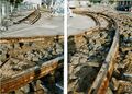 Freigelegte Schienenanlage der Straßenbahn während der Umgestaltung der Billinganlage, Juli 2003