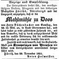 Zeitungsanzeige des Wirts <!--LINK'" 0:25-->, <!--LINK'" 0:26-->, dass er die Mahlmühle in Doos von Hr. Büchenbacher pachtet, November 1851