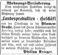 Anzeige von Krieger über Umzug von Geschäft und Wohnung, August 1873