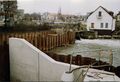 Bauarbeiten der Stau- und Triebwerksanlage an der Foerstermühle - im Hintergrund die Billinganlage und ehem. Tankstelle, Jan. 1989