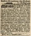 Zeitungsanzeige, dass der Gasthof <!--LINK'" 0:10--> zu verpachten oder zu verkaufen ist, November 1847