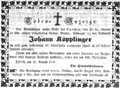 Todesanzeige Johann Köpplinger, August 1856