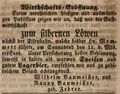 Zeitungsanzeige von Wilhelm Baumeister, Wirt <a class="mw-selflink selflink">zum silbernen Löwen</a>, Mai 1844