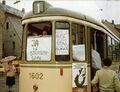 Letzte Fahrt der Straßenbahn (Linie 1) in Fürth - mit Protestschildern - von der Billinganlage zur Flößaustraße, 20. Juni 1981