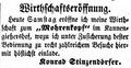 Zeitungsanzeige des Wirts <!--LINK'" 0:11--> anlässlich der Eröffnung seiner Wirtschaft zum <!--LINK'" 0:12--> im <!--LINK'" 0:13-->, August 1855