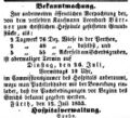 Bekanntmachung der Hospitalverwaltung, Juli 1853