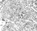 Stadtplan vom Gänsberg 1:2000, Stand ca. 1960 - mit Ausnahme Synagogenplatz. Hier nachträgliche Eintragung der Gebäude nach deren teilweise Entfernung durch die NSDAP 1939/40.