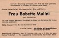 Traueranzeige von Babette Mulini aus dem Jahre 1968