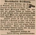 Zeitungsanzeige von Jakob Stenz zur Eröffnung seiner Wirtschaft , August 1846
