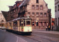 MAN Siemens Triebwagen 113, Baujahr 1953 mit Beiwagen 1307 am letzten Betriebstag der Straßenbahn in Fürth. Dieser Zug war einer der beiden letzten, die in der Nacht zum 21.6.1981 durch Fürth fuhren.