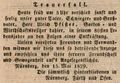 Traueranzeige für <a class="mw-selflink selflink">Ulrich Pfister</a>, 1829 (Die Ortsangabe "Nürnberg" war ein Druckfehler, der in der nächsten Zeitungsausgabe zu "Fürth" berichtigt wurde.)