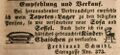 Werbeanzeige des Sattlers und Tapezierers Ferdinand Schmidt, April 1847