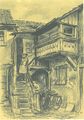Ansichtskarte vom <a class="mw-selflink selflink">Fraveliershof</a> (Hintergebäude); Kohlezeichnung von , 1953