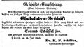 Der "Chokoladen-Fabrikbesitzer" Dr. K. F. Schüler eröffnet ein "Chokoladen-Geschäft", Juli 1855