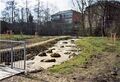 Fischwanderweg an der Pegnitz mit Bäumen des neu angelegten <!--LINK'" 0:12--> beim Ulmenweg, März 2008 – im Hintergrund das Schliemann-Gymnasium