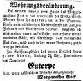 Zeitungsanzeige von Margaretha Bock, die in der <!--LINK'" 0:11--> ein Lokal eröffnet, Februar 1854