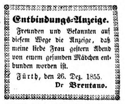Datei:Brentano Entbindungsanzeige Ftgbl 27.12.1855.jpg