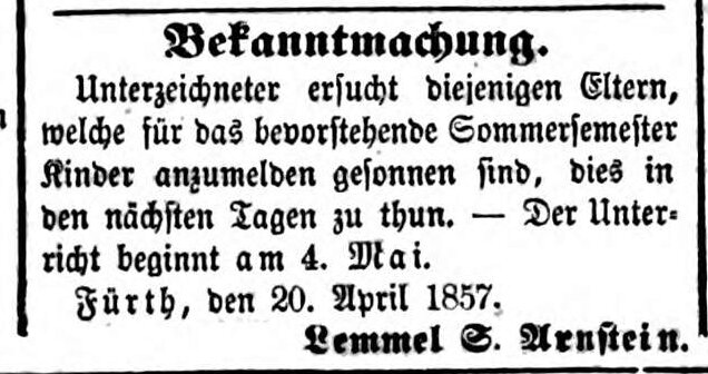 Datei:Lemmel Arnstein Fürther Tagblatt 22.4.1857.jpg