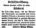 Zeitungsanzeige zur Eröffnung einer Bäckerei in der Theaterstraße, Februar 1856 <span class="smw-highlighter" data-type="8" data-state="inline" data-title="Hinweis" title="Lizenz: NoC-NC 1.0"><span class="smwtticon note"></span><span class="smwttcontent">Lizenz: NoC-NC 1.0</span></span>