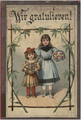 Titelseite "Wir gratulieren", um 1900 <span class="smw-highlighter" data-type="8" data-state="inline" data-title="Hinweis" title="Urheber: W. Christian/LöwensohnLizenz: PDM"><span class="smwtticon note"></span><span class="smwttcontent">Urheber: W. Christian/Löwensohn<br><br>Lizenz: PDM</span></span>