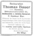 Werbeannonce von Thomas Bauer für sein Restaurant, August 1900 <span class="smw-highlighter" data-type="8" data-state="inline" data-title="Hinweis" title="Lizenz: CC BY-NC-SA 4.0"><span class="smwtticon note"></span><span class="smwttcontent">Lizenz: CC BY-NC-SA 4.0</span></span>