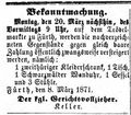 Versteigerung am Trödelmarkt, Fürther Tagblatt 18. März 1871 <span class="smw-highlighter" data-type="8" data-state="inline" data-title="Hinweis" title="Urheber: Fürther TagblattLizenz: NoC-NC 1.0"><span class="smwtticon note"></span><span class="smwttcontent">Urheber: <!--LINK'" 0:58--><br><br>Lizenz: NoC-NC 1.0</span></span>