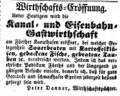 Zeitungsanzeige des Wirts Peter Danner zur Eröffnung seiner Wirtschaft in Poppenreuth, August 1852 <span class="smw-highlighter" data-type="8" data-state="inline" data-title="Hinweis" title="Lizenz: NoC-NC 1.0"><span class="smwtticon note"></span><span class="smwttcontent">Lizenz: NoC-NC 1.0</span></span>
