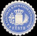 <a class="mw-selflink selflink">Siegelmarke</a>  Königlich Bayerische Rektorat des Humanistischen Gymnasiums - Fürth <span class="smw-highlighter" data-type="8" data-state="inline" data-title="Hinweis" title="Lizenz: CC BY-SA 3.0"><span class="smwtticon note"></span><span class="smwttcontent">Lizenz: CC BY-SA 3.0</span></span>