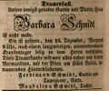 Todesanzeige für Barbara Schmidt, Dezember 1850 <span class="smw-highlighter" data-type="8" data-state="inline" data-title="Hinweis" title="Lizenz: NoC-NC 1.0"><span class="smwtticon note"></span><span class="smwttcontent">Lizenz: NoC-NC 1.0</span></span>