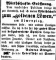 Andreas Stengel übernimmt die Wirtschaft "zum goldenen Löwen", März 1857 <span class="smw-highlighter" data-type="8" data-state="inline" data-title="Hinweis" title="Lizenz: NoC-NC 1.0"><span class="smwtticon note"></span><span class="smwttcontent">Lizenz: NoC-NC 1.0</span></span>