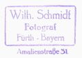 Firmenstempel des Fotografs Wilhelm Schmidt, Amalienstr. 31 (um 1937) <span class="smw-highlighter" data-type="8" data-state="inline" data-title="Hinweis" title="Urheber: Wilhelm Schmidt, FürthLizenz: CC BY-SA 3.0"><span class="smwtticon note"></span><span class="smwttcontent">Urheber: Wilhelm Schmidt, Fürth<br>Lizenz: CC BY-SA 3.0</span></span>