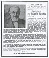 Nachruf Dr. Jakob Frank im Mitteilungsblatt am 12. Juni 1953 in Fürth. <span class="smw-highlighter" data-type="8" data-state="inline" data-title="Hinweis" title="Urheber: Stadt FürthLizenz: CC BY-SA 3.0"><span class="smwtticon note"></span><span class="smwttcontent">Urheber: <!--LINK'" 0:36--><br><br>Lizenz: CC BY-SA 3.0</span></span>