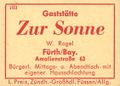 Zündholzschachtel-Etikett der ehemaligen Gaststätte Zur Sonne, um 1965 <span class="smw-highlighter" data-type="8" data-state="inline" data-title="Hinweis" title="Lizenz: CC BY-SA 3.0"><span class="smwtticon note"></span><span class="smwttcontent">Lizenz: CC BY-SA 3.0</span></span>