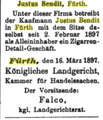 Justus Bendit Zigarrengeschäft Bayerische Handelszeitung 27. März 1897, S. 215 <span class="smw-highlighter" data-type="8" data-state="inline" data-title="Hinweis" title="Urheber: Bayerische HandelszeitungLizenz: CC BY-SA 3.0"><span class="smwtticon note"></span><span class="smwttcontent">Urheber: Bayerische Handelszeitung<br><br>Lizenz: CC BY-SA 3.0</span></span>
