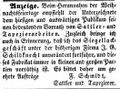 Zeitungsanzeige von F. Schmidt, der die Siegellackfirma J. G. Schildknecht weiterführt, Dezember ... <span class="smw-highlighter" data-type="8" data-state="inline" data-title="Hinweis" title="Zeitungsanzeige von F. Schmidt, der die Siegellackfirma J. G. Schildknecht weiterführt, Dezember 1851Lizenz: NoC-NC 1.0"><span class="smwtticon note"></span><span class="smwttcontent">Zeitungsanzeige von F. Schmidt, der die Siegellackfirma J. G. Schildknecht weiterführt, Dezember 1851<br><br>Lizenz: NoC-NC 1.0</span></span>