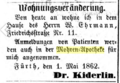 Anzeige über Wohnungsänderung Dr. Kiderlin im Fürther Tagblatt 8.5.1862 <span class="smw-highlighter" data-type="8" data-state="inline" data-title="Hinweis" title="Lizenz: CC BY-SA 3.0"><span class="smwtticon note"></span><span class="smwttcontent">Lizenz: CC BY-SA 3.0</span></span>