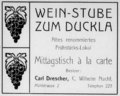 Werbeanzeige Weinstube „Zum Duckla“, 1913 <span class="smw-highlighter" data-type="8" data-state="inline" data-title="Hinweis" title="Lizenz: NoC-NC 1.0"><span class="smwtticon note"></span><span class="smwttcontent">Lizenz: NoC-NC 1.0</span></span>