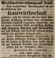 Zeitungsannonce von Friedrich Breitenbach zur Eröffnung seiner Wirtschaft <!--LINK'" 0:49-->, September ... <span class="smw-highlighter" data-type="8" data-state="inline" data-title="Hinweis" title="Zeitungsannonce von Friedrich Breitenbach zur Eröffnung seiner Wirtschaft zum rothen Hahn, September 1844Lizenz: NoC-NC 1.0"><span class="smwtticon note"></span><span class="smwttcontent">Zeitungsannonce von Friedrich Breitenbach zur Eröffnung seiner Wirtschaft <!--LINK'" 0:50-->, September 1844<br><br>Lizenz: NoC-NC 1.0</span></span>