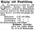Zeitungsanzeige des Uhrmachers <!--LINK'" 0:24-->, Oktober 1864 <span class="smw-highlighter" data-type="8" data-state="inline" data-title="Hinweis" title="Lizenz: NoC-NC 1.0"><span class="smwtticon note"></span><span class="smwttcontent">Lizenz: NoC-NC 1.0</span></span>