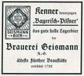 Werbung der <a class="mw-selflink selflink">Brauerei Geismann</a> AG Mitte/Ende 1920er Jahre für das »Bayerisch Pilsener« <span class="smw-highlighter" data-type="8" data-state="inline" data-title="Hinweis" title="Urheber: Brauerei Geismann AGLizenz: CC BY-SA 3.0"><span class="smwtticon note"></span><span class="smwttcontent">Urheber: Brauerei Geismann AG<br><br>Lizenz: CC BY-SA 3.0</span></span>