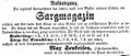 Zeitungsanzeige des Schreiners Max Senkeisen, dass er ein Sargmagazin angelegt hat, März 1854 <span class="smw-highlighter" data-type="8" data-state="inline" data-title="Hinweis" title="Lizenz: NoC-NC 1.0"><span class="smwtticon note"></span><span class="smwttcontent">Lizenz: NoC-NC 1.0</span></span>