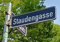 Straßenschild der Staudengasse, August 2025 <span class="smw-highlighter" data-type="8" data-state="inline" data-title="Hinweis" title="Urheber: Benutzer:Red RoosterLizenz: CC BY-SA 3.0"><span class="smwtticon note"></span><span class="smwttcontent">Urheber: <!--LINK'" 2:4--><br><br>Lizenz: CC BY-SA 3.0</span></span>